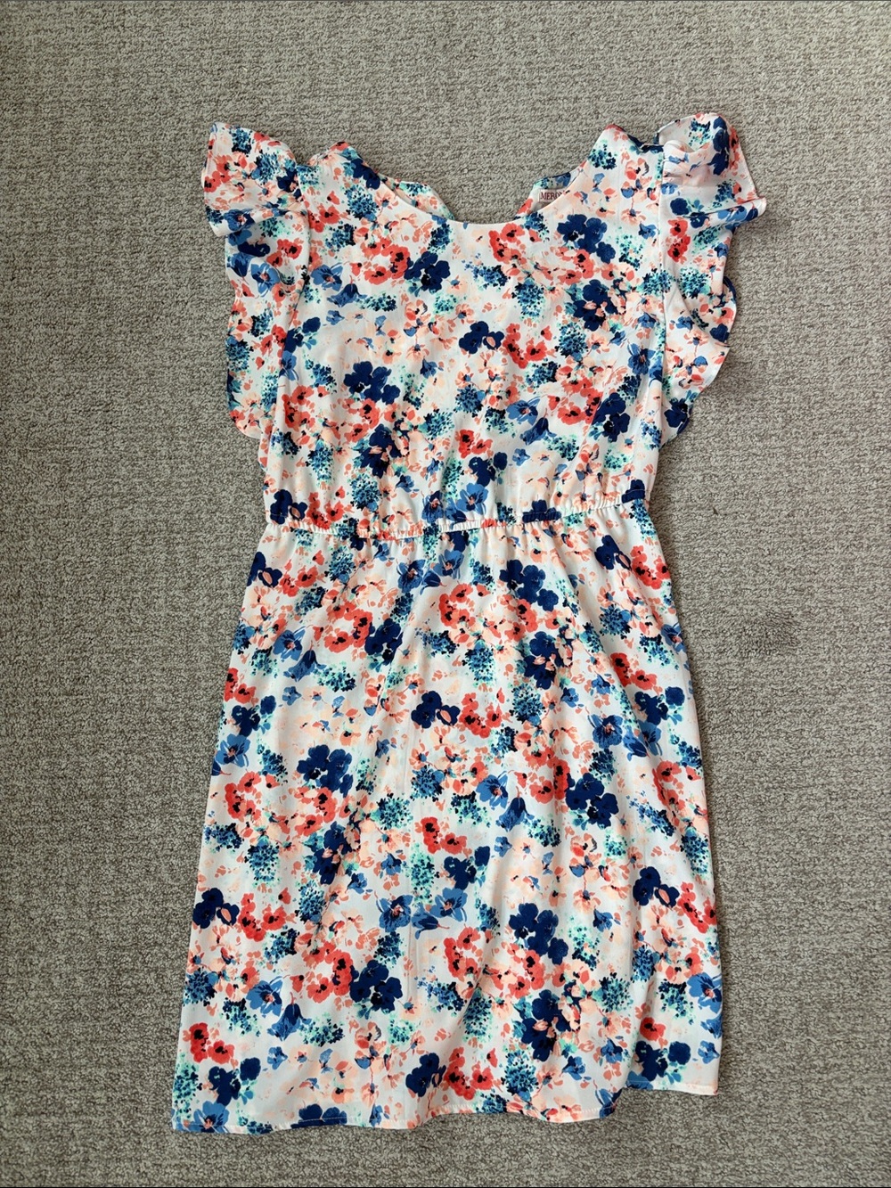 Merona Floral Print Dress with Ruffles - White, Coral & Blue Size Medium M